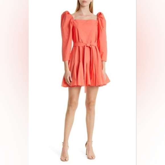 Mille Anais Puff Sleeve Tie Waist Minidress in Melon/Coral Dress NWT - Picture 1 of 4